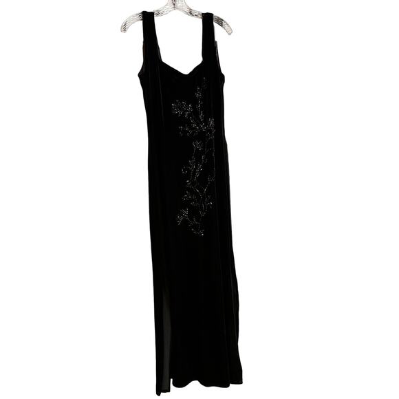 Vintage Womens Dress 12 Black Velvet Jeffrey Dara Long Evening Beaded Side Slits - Picture 11 of 11